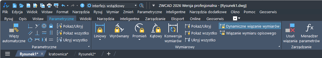 Wstążka parametryczności w ZWCAD 2026