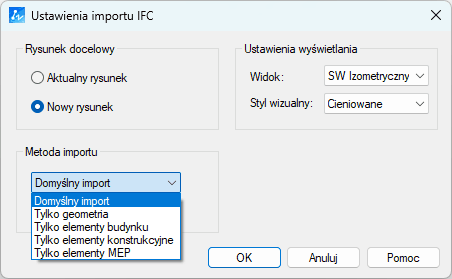 Import IFC - ustawienia
