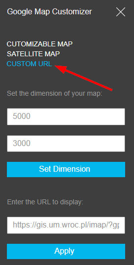 Miejsce do podania własnego adresu URL w Google Map Customizerze