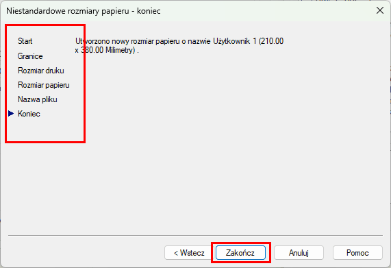 Panel dodawania własnego rozmiaru papieru