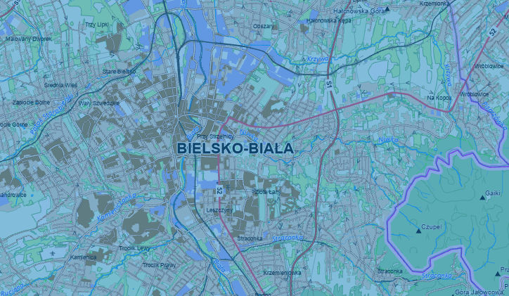 Geoportal - widok na Bielsko-Białą po nałożeniu warstw