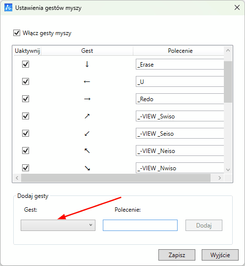 Ustawienia gestów myszy