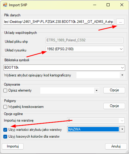 Import SHP poprzez nakładkę ZWGis