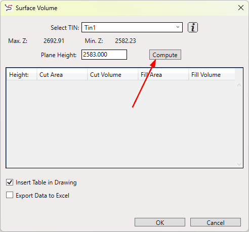 Menu obliczania objętości