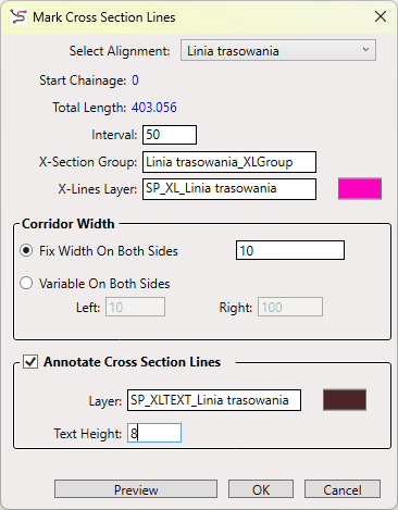 Menu przekroju poprzecznego