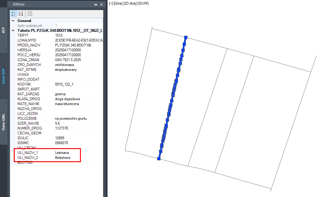 Nazwa atrybutów ulicy