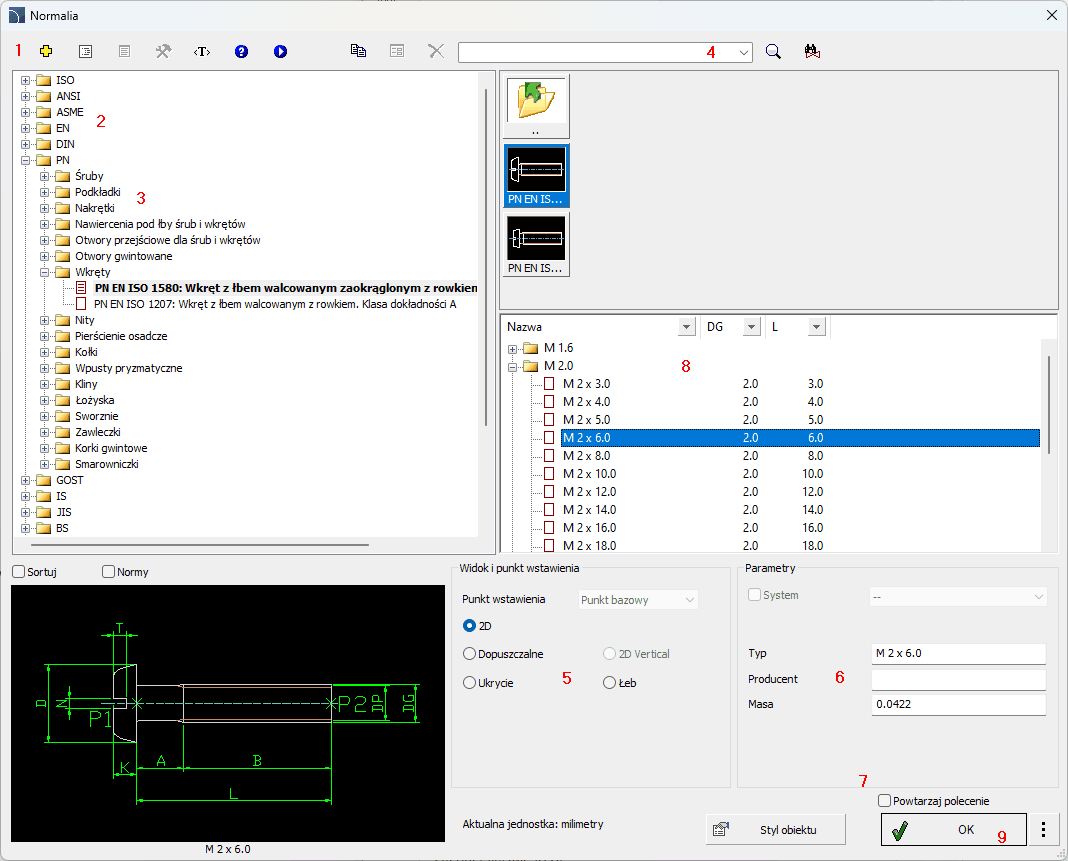 Wygląd jednego z menu biblioteki części, mianowicie Normalia