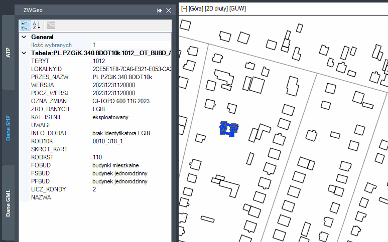Zaznaczony w ZWCADzie obiekt SHP