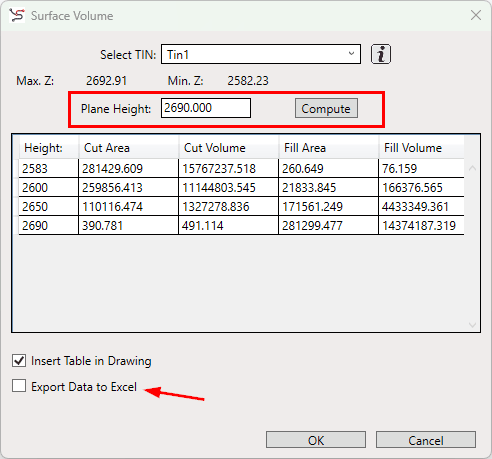 Opcje tabeli obliczania objętości