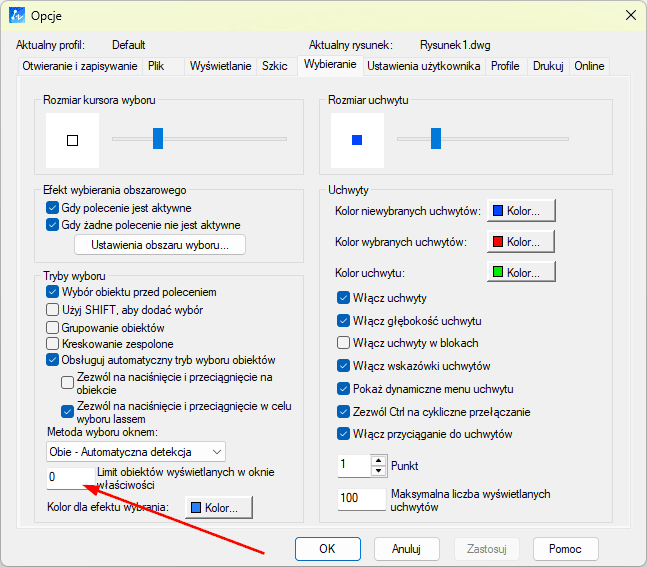 Opcje wyświetlania limitu obiektów