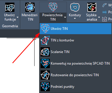 Menu powierzchni TIN w SPCADzie