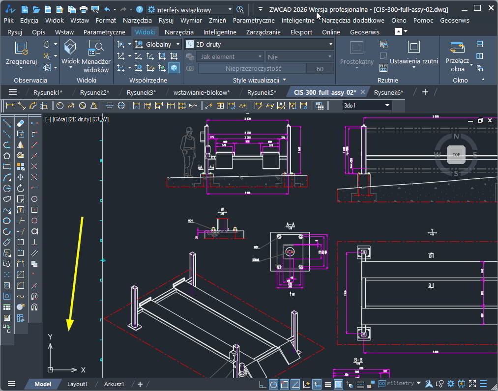 Wygląd układu współrzędnych gdy osie X i Y leżą w płaszczyźnie ekranu