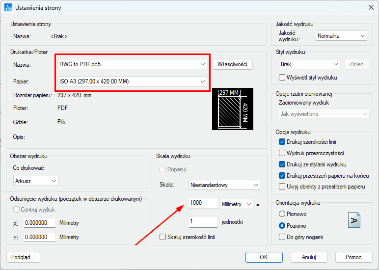 Ustawienie drukowania strony arkusza