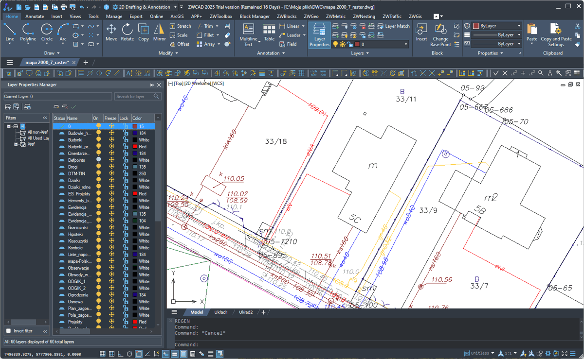 Warstwy w przygotowanym rysunku CAD