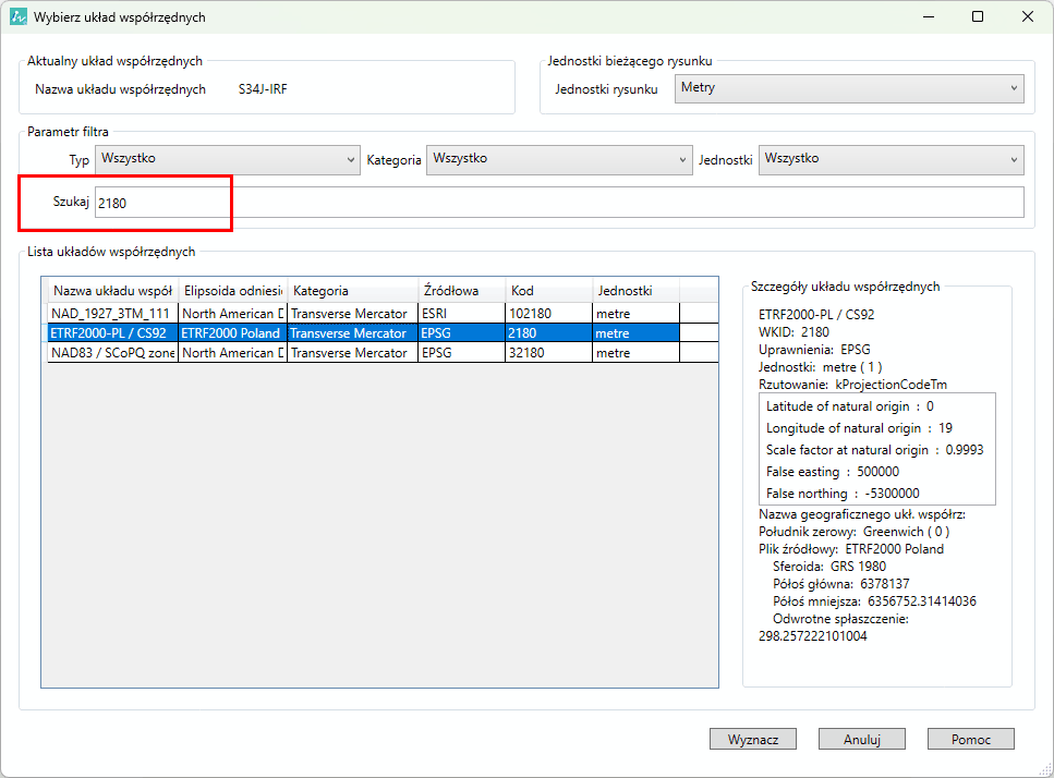 Panel wyboru układu współrzędnych dla rysunku CAD