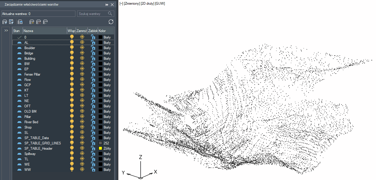 Zaimportowane punkty przy pomocy nakładki SPCAD