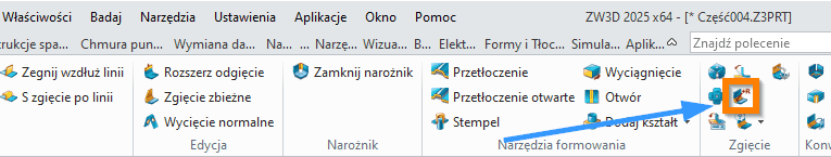 ZW3D - Arkusz blachy - Zmień gięcie - wstążka