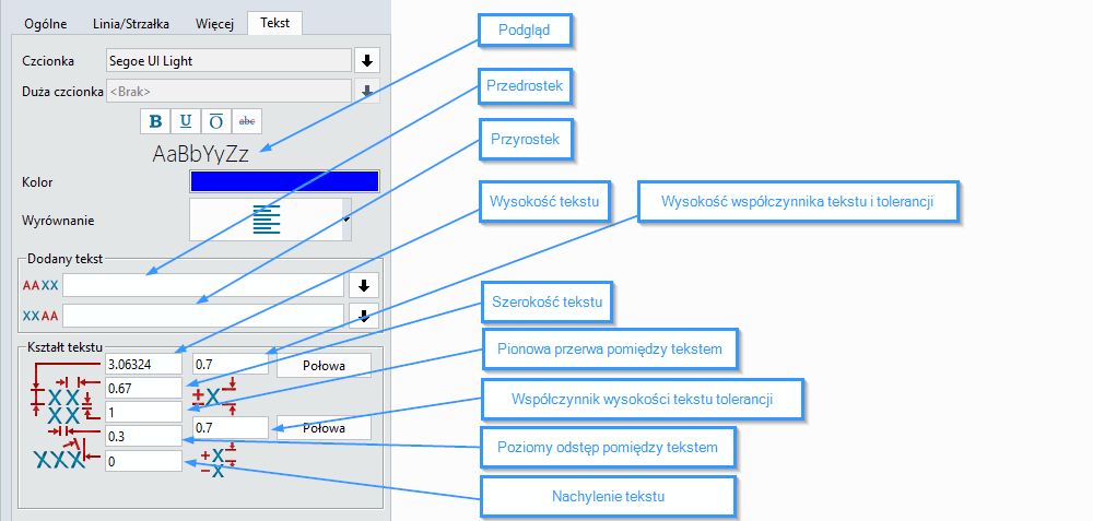 PMI Wymiar ZW3D Ustawienia Właściwości wymiaru Tekst