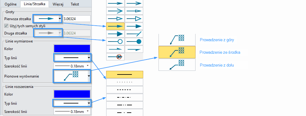 PMI ZW3D - Wymiar Ustawienia Wlaściwości wymiaru Linia strzałka