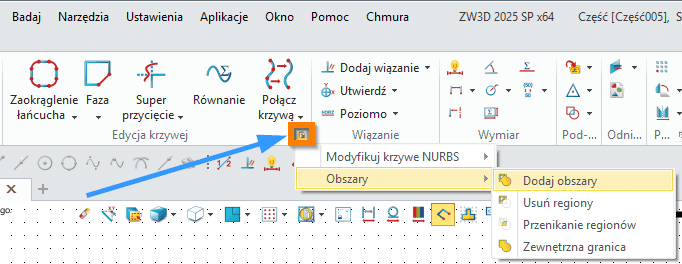 Szkic ZW3D - Dodaj obszary wstążka