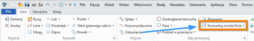 Szkic ZW3D - Konwertuj na łuki linie