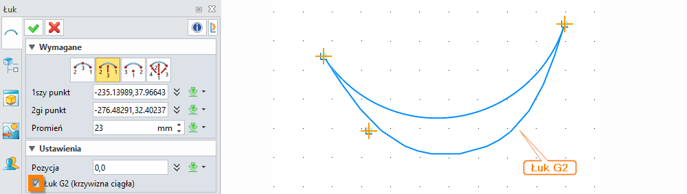 Szkic Łuk - Panel ZW3D Łuk G2 (krzywizna ciągła)