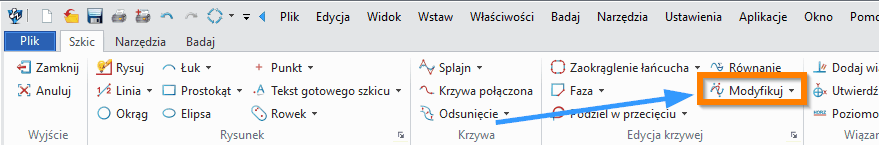 Szkic Modyfikuj ZW3D wstążka