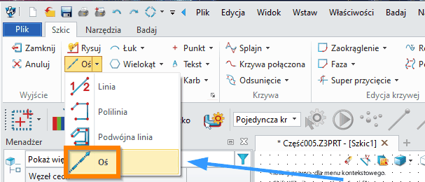 Szkic ZW3D - Oś - wstążka