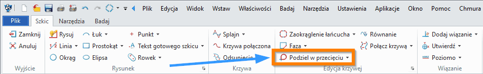 Szkic ZW3D - Podziel w przecięciu wstążka