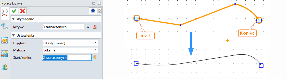 Szkic ZW3D Połącz krzywą panel