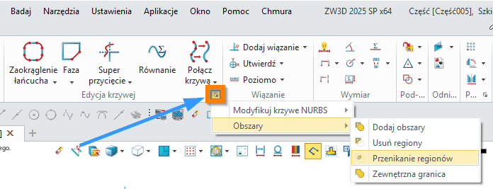 Szkic ZW3D - Przenikanie regionów wstążka