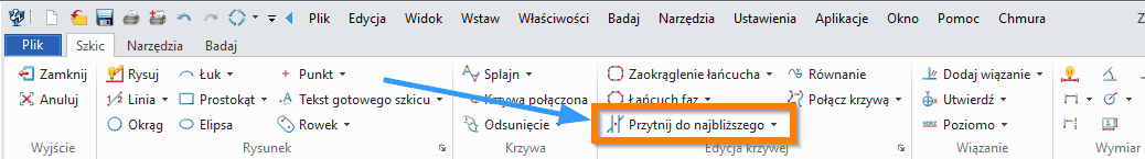 Szkic Przytnij do najbliższego ZW3D - wstążka