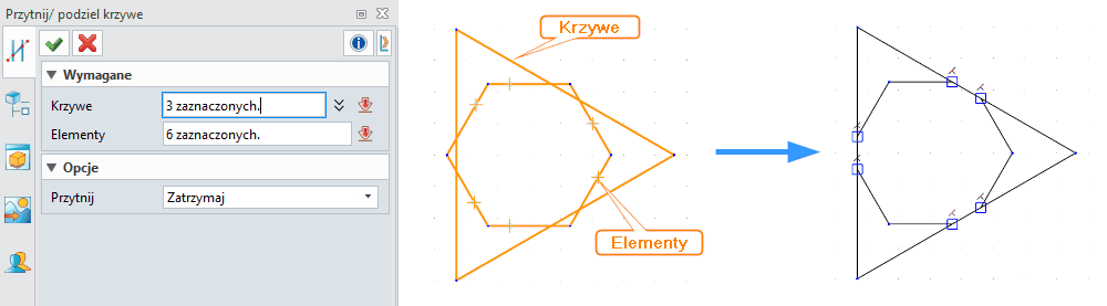 Szkic ZW3D - Przytnij podziel krzywe Panel