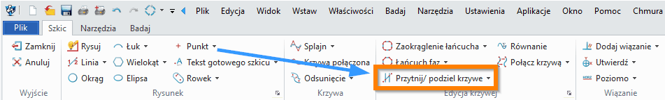 Szkic Przytnij podziel krzywe ZW3D - wstążka