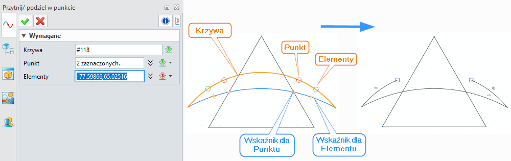 ZW3D - Szkic Przytnij podziel w punkcie panel