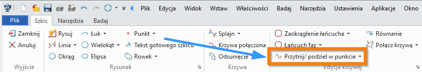 Szkic Przytnij podziel w punkcie ZW3D - wstążka