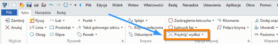 Szkic ZW3D Przytnij wydluż wstążka