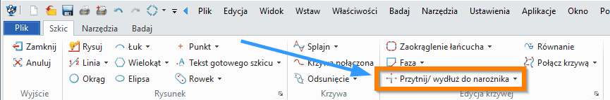 Szkic ZW3D Przytnij wydłuż do narożnika wstążka