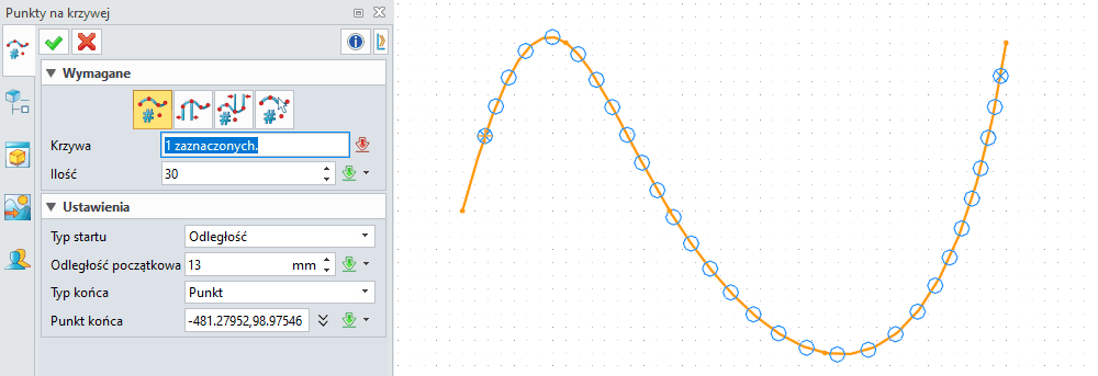 Szkic - Punkty ZW3D na krzywej - panel