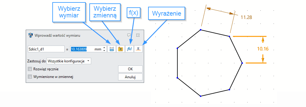 Szkic Szybki wymiar Panel opcje