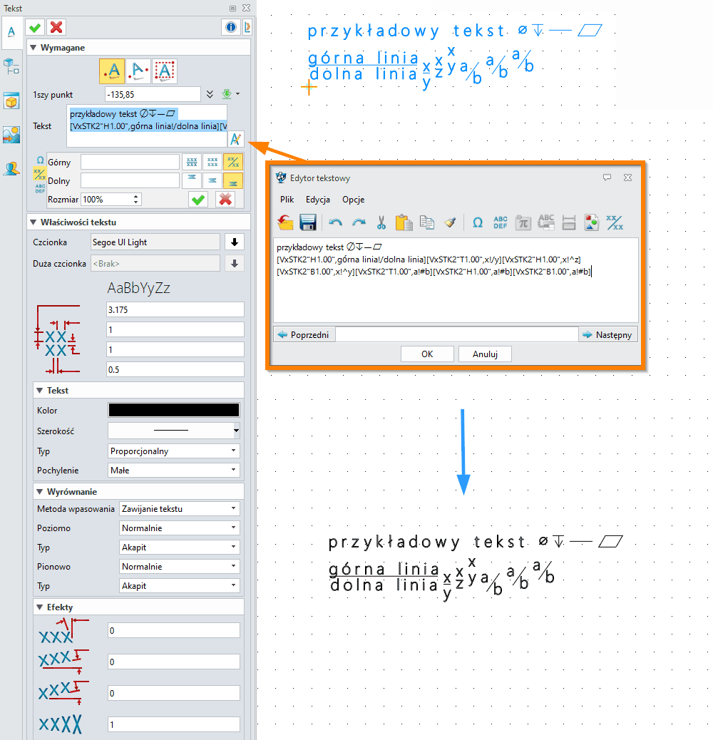 Szkic ZW3D - Tekst panel