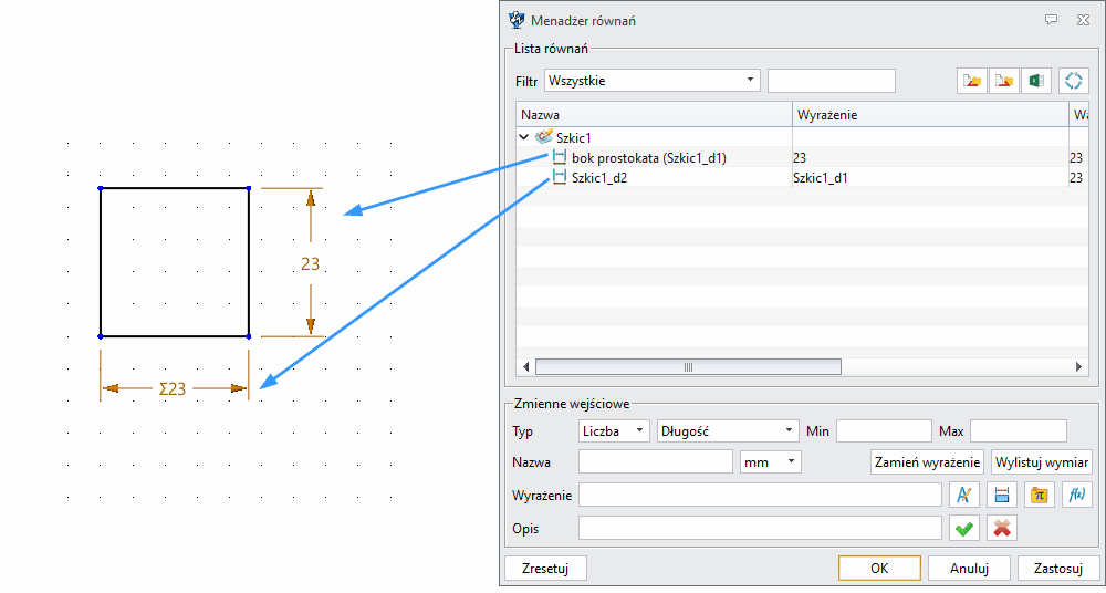 Szkic Wprowadź wartość wymiaru ZW3D -  Menadżer równań