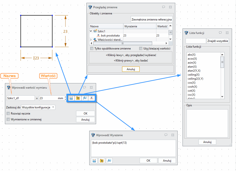 Szkic ZW3D Wprowadź wartość wymiaru panel - okno