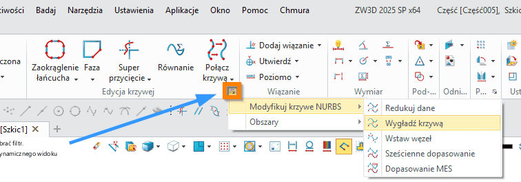 Szkic Wygładź krzywą ZW3D Modyfikuj NURBS wstążka