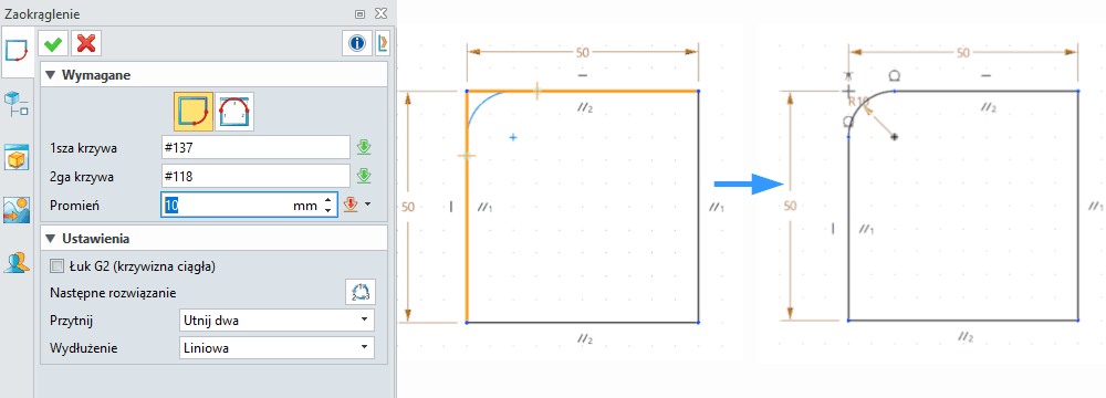 Szkic Zaokraglenie ZW3D - panel