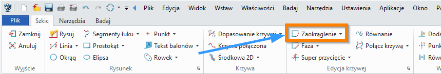 Szkic ZW3D - Zaokrąglenie - wstążka