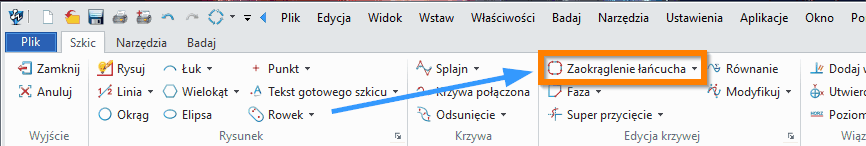 Szkic ZW3D - Zaokrąglenie łańcucha - wstążka