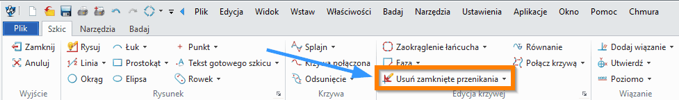 Szkic ZW3D  usuń zamknięte przenikania wstążka