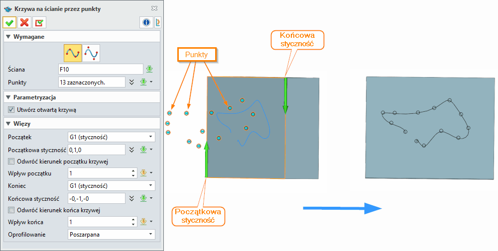 Szkic3D Krzywa na ścianie przez punkty ZW3D Panel