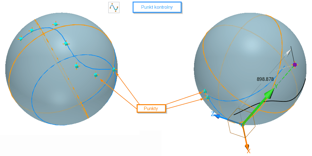 Szkic3D Krzywa na ścianie przez punkty opcje ZW3D